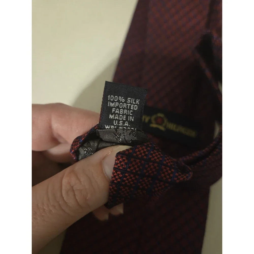 Tommy Hilfiger Silk Tie Vintage Red Navy Micro Grid Gold Crest Embroidery 58